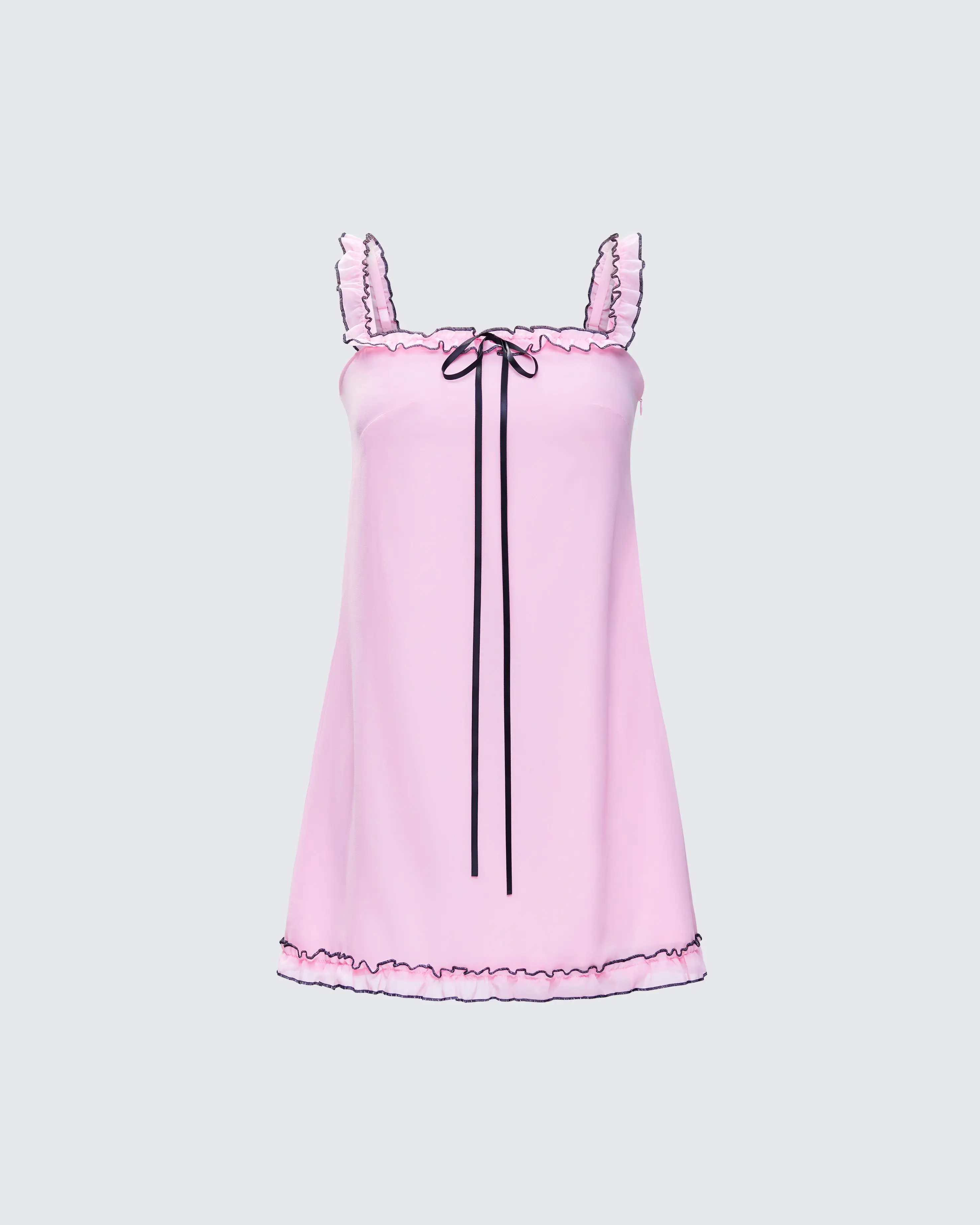 Women's Cute Sleeveless Giselda Pink Polyester Lingerie-Inspired Slip Babydoll Mini Dress, Adjustable Straps, Black Accents, Casual Style
