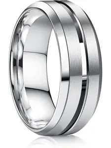 Stainless Steel Wedding Ring for Men Women - 8MM Wedding Band  Silvery Black Classic Groove Engagement Mens Rings Size 7-13 Comfort Fit