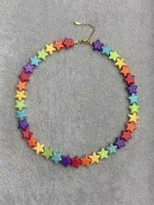 Rainbow Star Beaded Necklace, Colorful Turquoise Star Beads, Handmade Jewelry for Women, Summer Beach Vacation Accessory