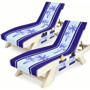 Lounge Chaise Chair Towel Covers (Pack of 2), Beach Chair Cover with 3 Pockets for Pool Outdoor Beach Garden Patio Trips,85 X30 in (Blue Palm)