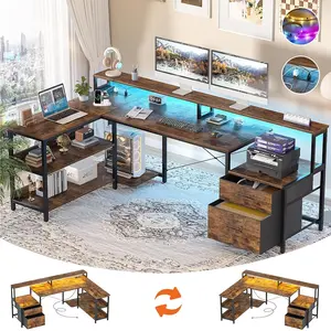 Cyclysio L Shaped Desk, 66" Home Office Desk with File Drawer & Power Outlet, Gaming Desk with Led Lights, Computer Desk with Printer Storage Shelves