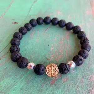 Lava Bead St Benedict Bracelet 18K Plated St Benedict Bead with Silver Hematite and Black Lava Beads