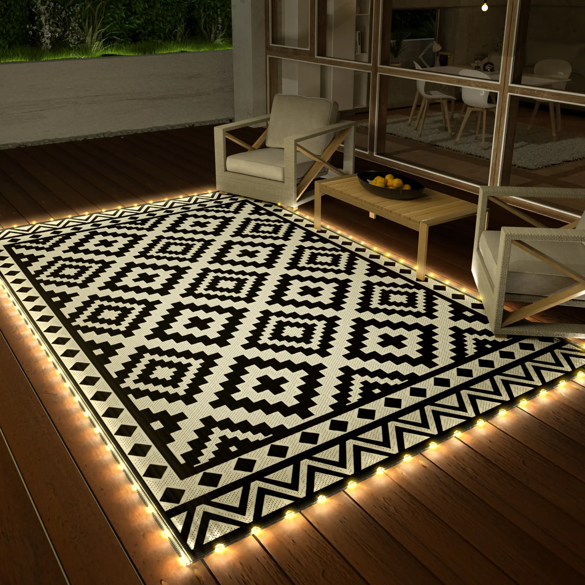 #fathersdaygift HAUSHOF 5'X8' Outdoor Rug Waterproof with LED Strip Light, Reversible Outdoor Plastic Straw Rug, Patio Rug with 4 Rug Stakes, Outdoor Carpet Mat for RV, Camping, Beach, Porch, Balcony, Black&White