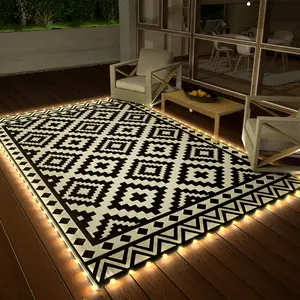 #fathersdaygift HAUSHOF 5'X8' Outdoor Rug Waterproof with LED Strip Light, Reversible Outdoor Plastic Straw Rug, Patio Rug with 4 Rug Stakes, Outdoor Carpet Mat for RV, Camping, Beach, Porch, Balcony, Black&White