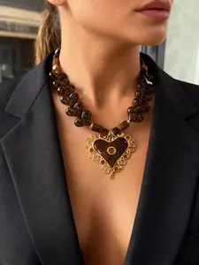 Fashion Handmade Heart Resin Enamel Pendant Beaded Necklace, Autumn Winter Personalized Charm Women's Jewelry Gift, Heart Shaped Necklace