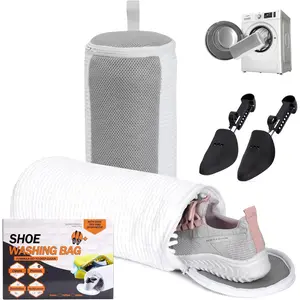 Shoe Washing Machine Bag, 2 count Cylindrical Laundry Shoe Bag for Washer and Dryer with Adjustable Shoe Trees, 360 Deep Cleaning Sneaker Washing Bag with Zipper, Fits  Shoe Types and Sizes, White