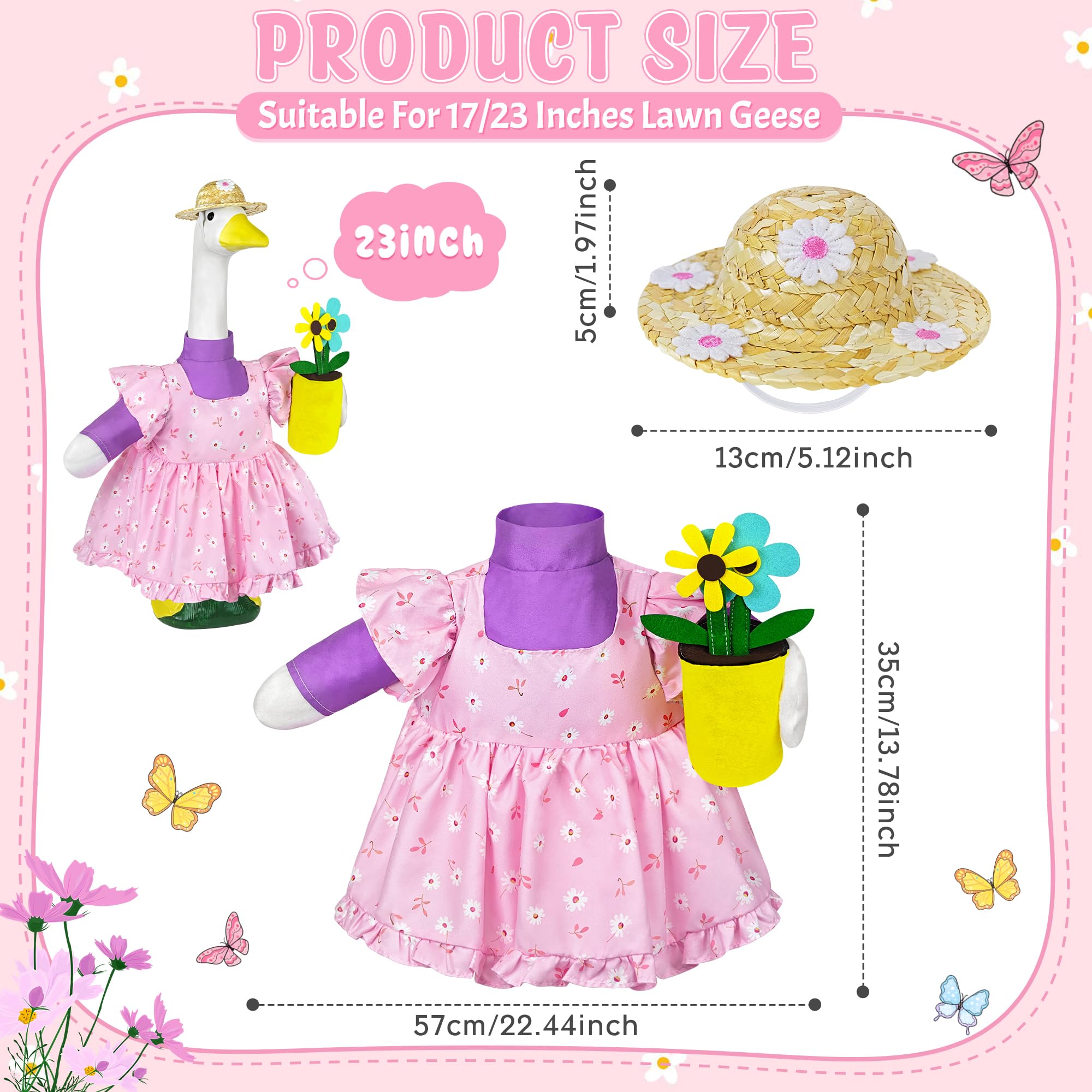 23in Polyester Gardening Costume Kit for Porch Goose, Pink Daisy Floral Ruffle Dress with Purple Inner Outfit, Straw Hat, Handheld Potted Flower Accessory, Lawn Statue Clothes for Yard Patio Spring Easter Decor