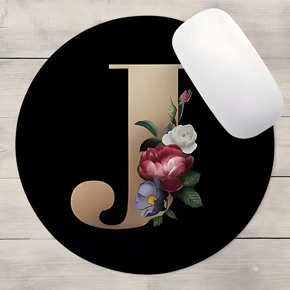 Minimalist Black-Gold Floral Letter J Round Gaming Mouse Pad, Computer Mouse Pad, Desktop Decoration Protection Pad, Non-Slip Rubber Lock Edge Small Size Pad, Suitable For Laptops And Desktops, High-End Gift For Family, Desktop Accessory, Mousepad