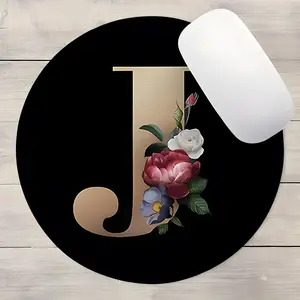 Minimalist Black-Gold Floral Letter J Round Gaming Mouse Pad, Non Slip Mousepad, Desktop Decoration Protection Pad, Non-Slip Rubber Lock Edge Small Size Pad, Suitable For Laptops And Desktops, High-End Gift For Family, Desktop Accessory
