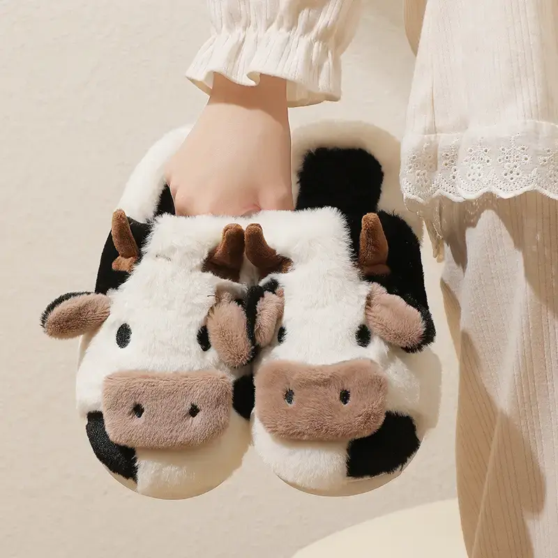 Women's Kawaii Cow Plush Antislip Slippers - Warm, Cozy All-Season Bedroom Footwear, Slide Walking Shoes for Women Girls, Mt Brown Flipflop Dance Slippers