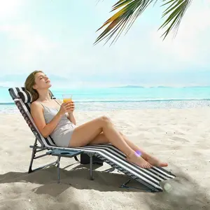 Folding Outdoor Chaise Lounge Chair Tanning Chair with 5-Level Adjustable Back, Side Table, Pillow, Pocket, Blue White