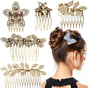 6pcs Vintage Hair Side Combs for Women Decorative,Butterfly Flower Leaf Pearl Rhinestone Metal Hair Comb Tooth