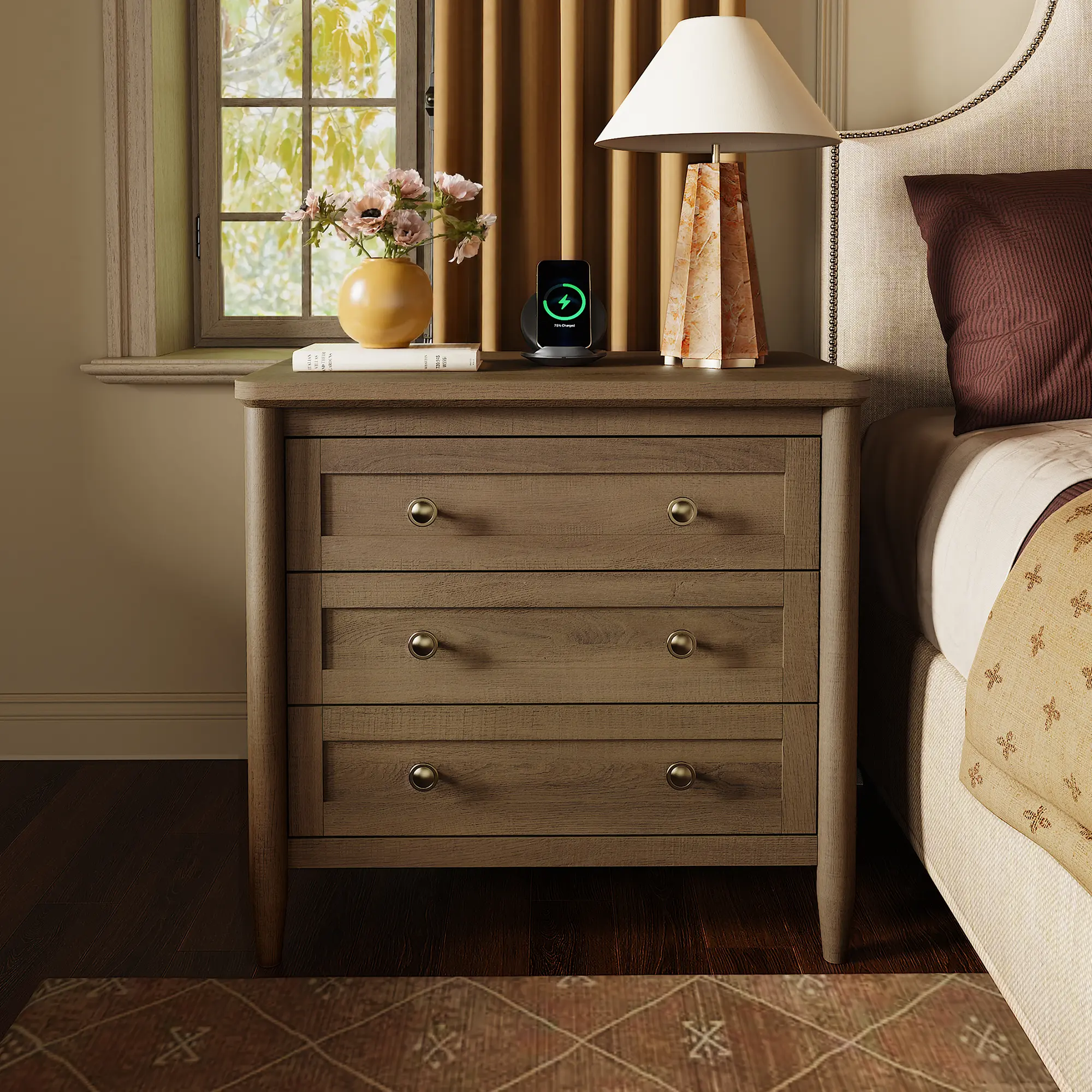 Huuger 27''H Tall Nightstands with Hidden Charging Station, 27.6" W Farmhouse Night Stand with USB-C Port, Bed Side Tables, Solid Wood Feet, Larger End Table for Bedroom, Couch Side