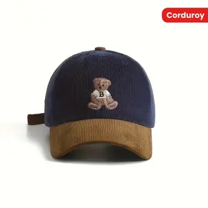1pc Unisex Corduroy Baseball Cap with Embroidered Bear, Dual-Tone Patchwork Design, Sun Protection, Fitted Buckle Closure, Hand Wash Only, Woven Fabric, Suitable for Fall/Winter
