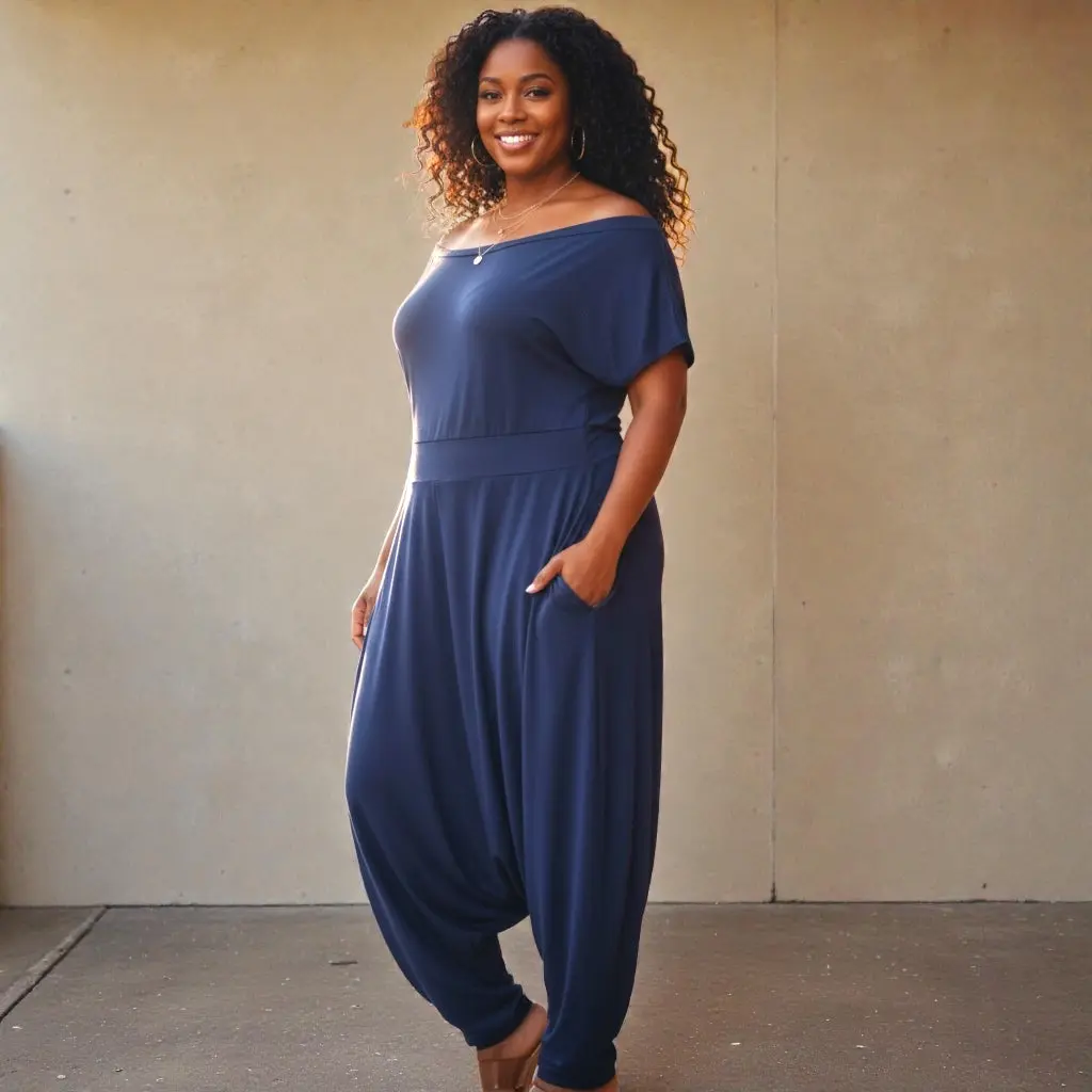 Women's Plus-Size Navy Off-the-Shoulder Stretchy Harem Overalls - Chic, Everyday Casual Fit with Pockets, Elegance-Infused Design