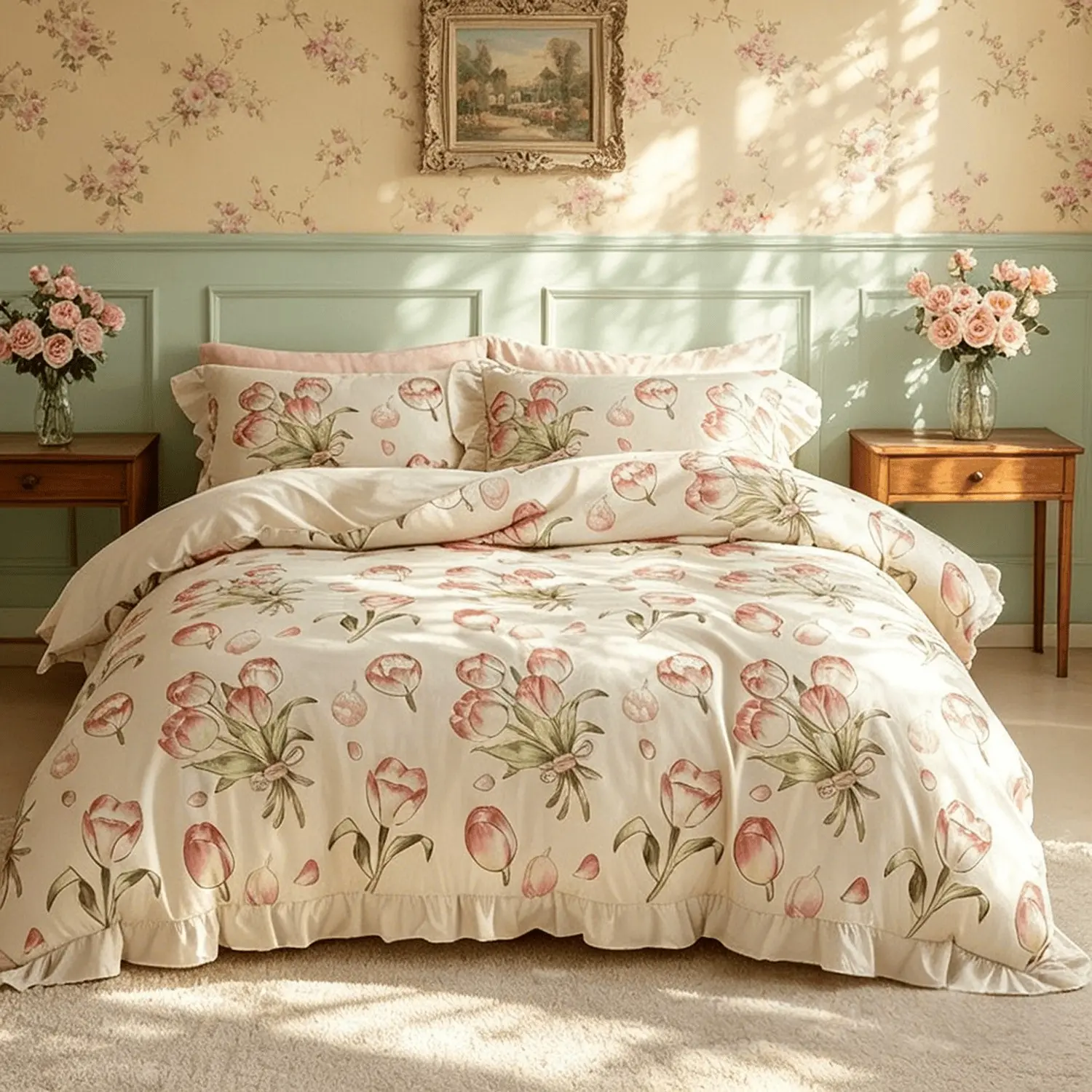 Vintage Floral Ruffled Bedding Set, soft floral print design. This 3-piece set includes 1 duvet cover + 2 pillowcases, excluding duvet insert and pillow inserts, countryside cottage style.