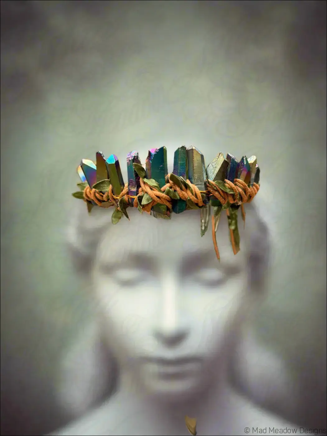 Goddess Crown with Crystals Wire Wrapped with Leather Cord Vines