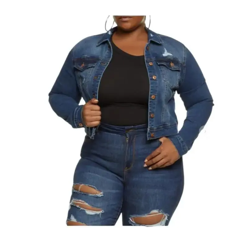 Gabby Distressed Cropped Stretchy Jacket Plus Size Casual Womenswear Pockets Outerwear