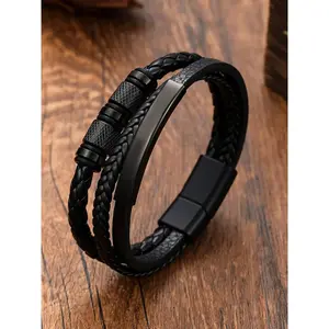 Stainless Steel Bent Bend Engraved PU Leather Multi-Layer Titanium Steel Bracelet, Men's Jewelry Woven Bangle, Unique Chain Link