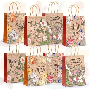 12/24pcs Vintage Floral Gift Bags,Thank You Kraft Paper Bags with Handles for Friend Teacher Mom,Colorful Flower Pattern Bag for Gifting,Birthday,Gratitude,Party Goody Treat Bag