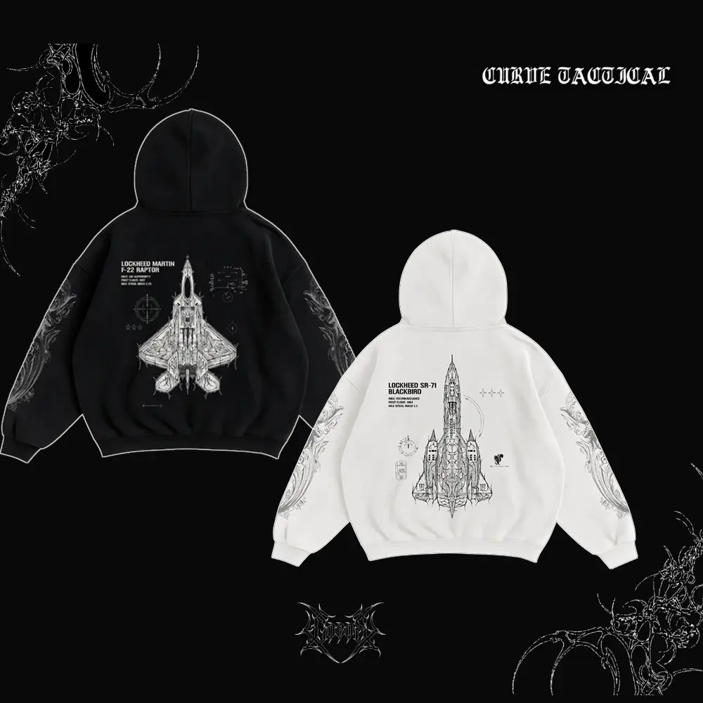 Curve Tactical F-22 Raptor SR-71 Blackbird Hoodie Men Women Oversized Streetwear Military Fighter Jet Blueprint Graphic Print Gothic Ornamental Y2K Pullover Sweatshirt Unisex Aviation Aesthetic