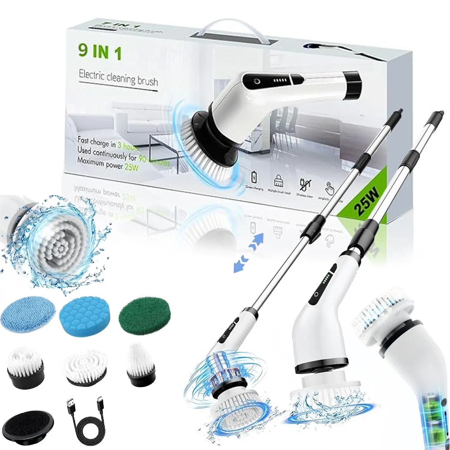 Upgraded Cordless Electric Spin Scrubber Kit (LED Edition) – Summervibes, 9 Replace Brushes, 3 Adjustable Extension Handle, Dual-Speed, IPX7 Waterproof, Multi-Purpose for Bathroom, Kitchen, Toilet (2026 Household Cleaning Appliance)