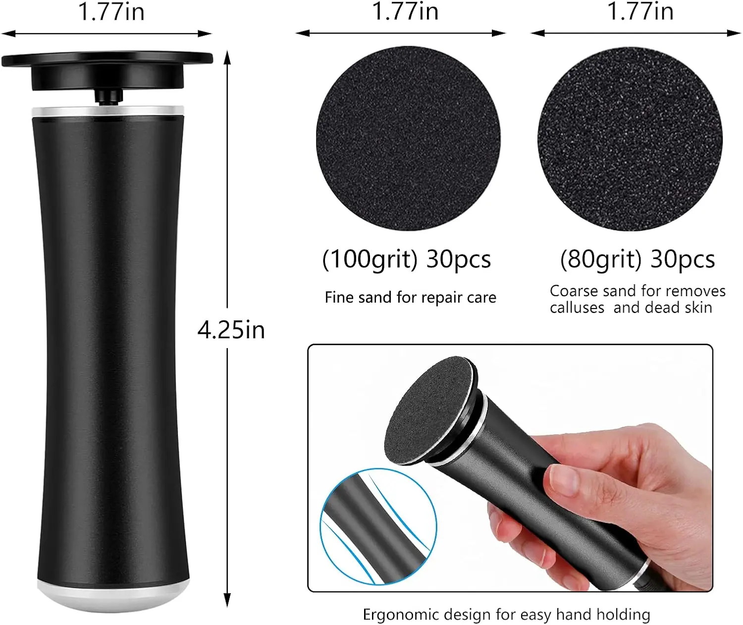Professional Electric Dryer Foot File Callus Remover - Aluminium Salon-Grade Nail Care Tool, Adjustable Speed, 60 Replacement Sandpaper Discs, Plug-In, Lightweight, Gentle, Removes Cutin Dead Skin for At-Home Manicure Pedicure, Black, Smooth Finish
