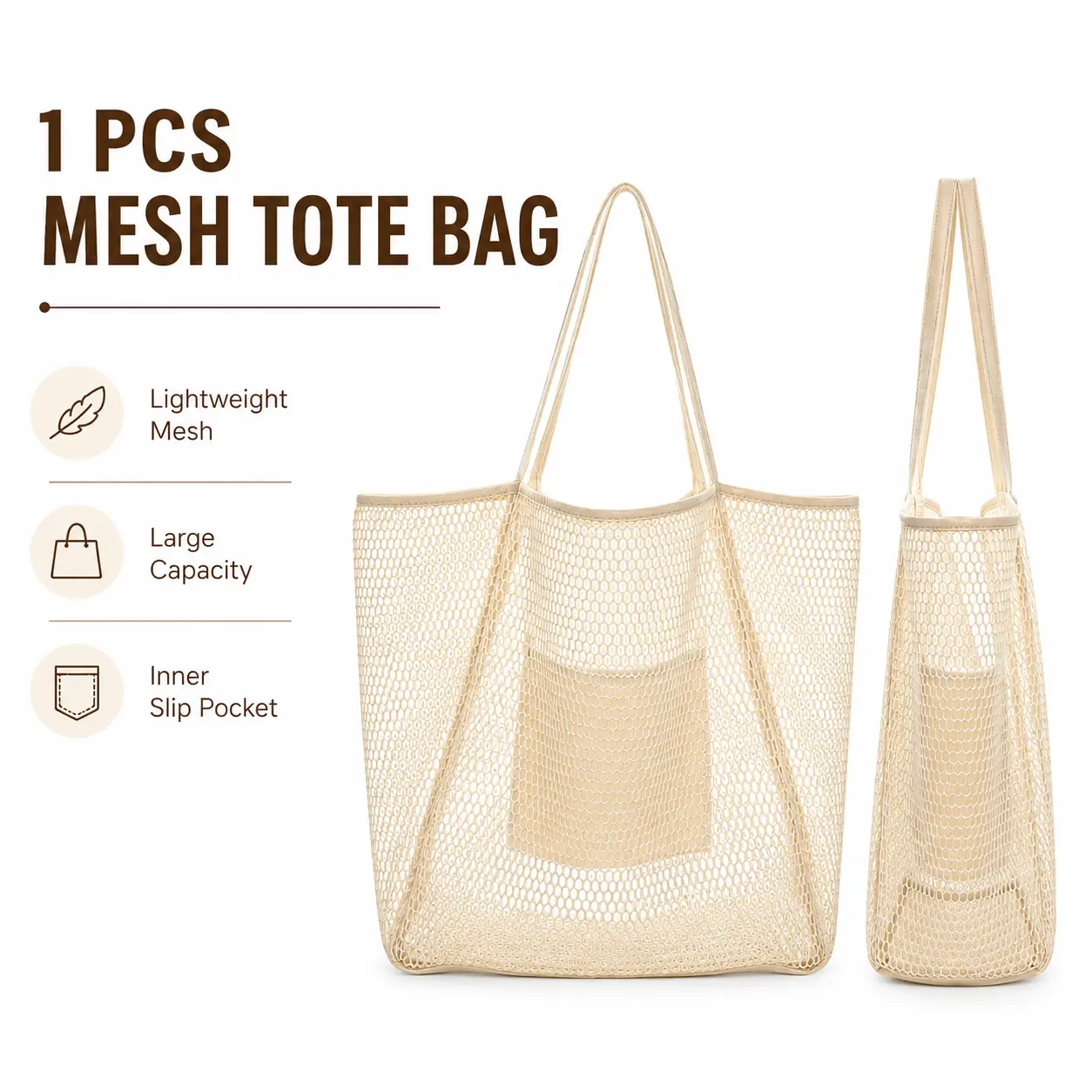 Women's Foldable Mesh Beach Tote Bag - Lightweight, Breathable, Packable Shoulder Storage Bag for Outdoor Beach, Home Organization, Travel Stuff
