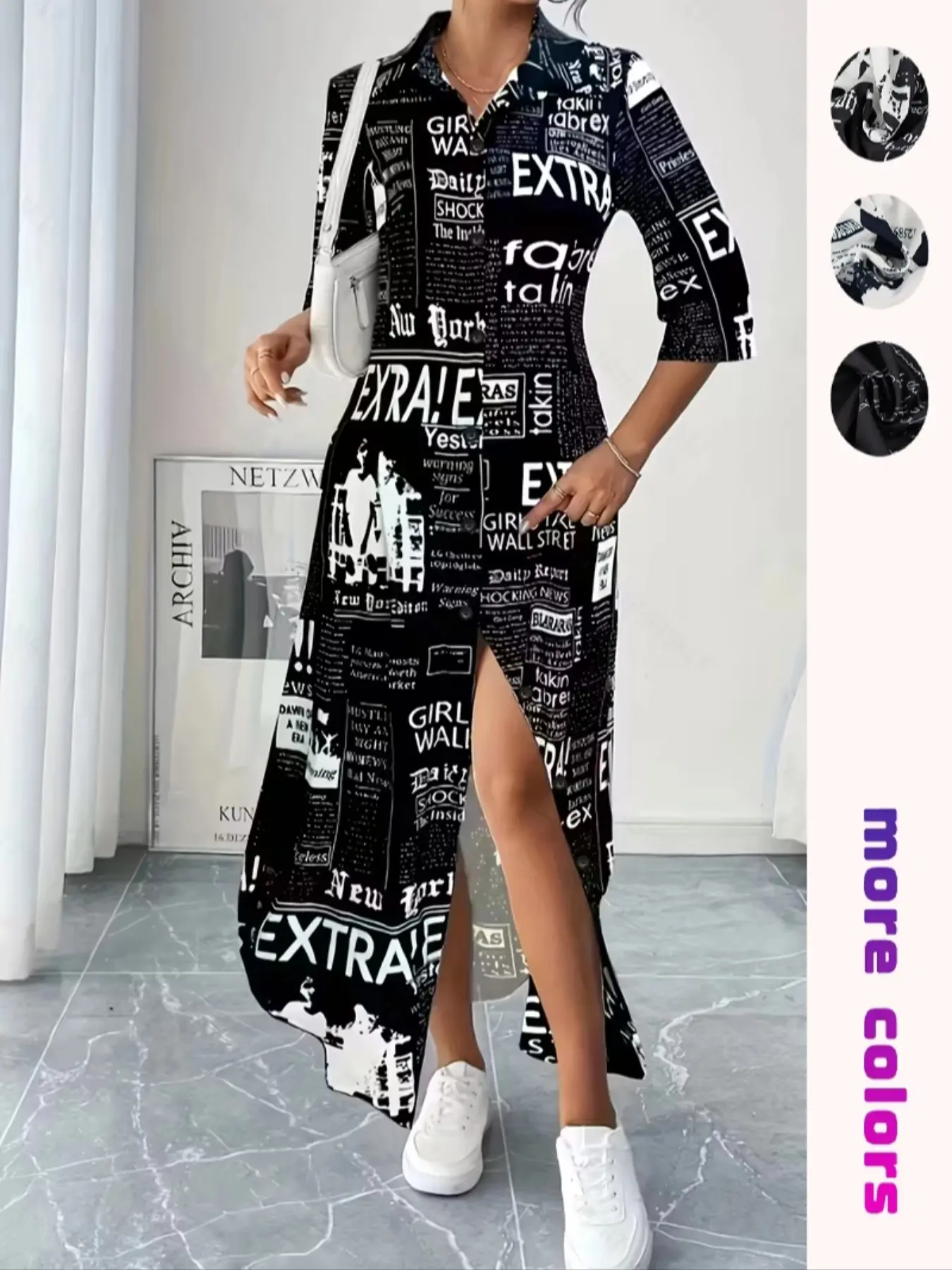 Women's All Over Print Button Front Slit Shirt Dress, Casual Aesthetic Long Sleeve Collared Fitted Long Dress for Spring & Fall, Women's Clothes for Daily Wear Womenswear