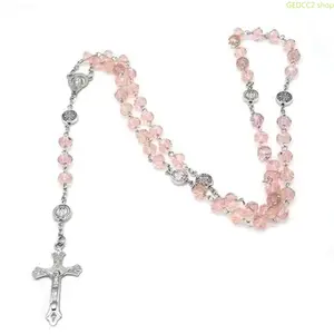 Handmade Crystal Beaded Necklace,Religious Cross Pendant Long Chain,Catholic Classic Daily Jewelry,Elegant All Match Fashion Accessory,Ideal Holiday Baptism Birthday Gift for Women Worship Daily Casual Daily Outfit Decor