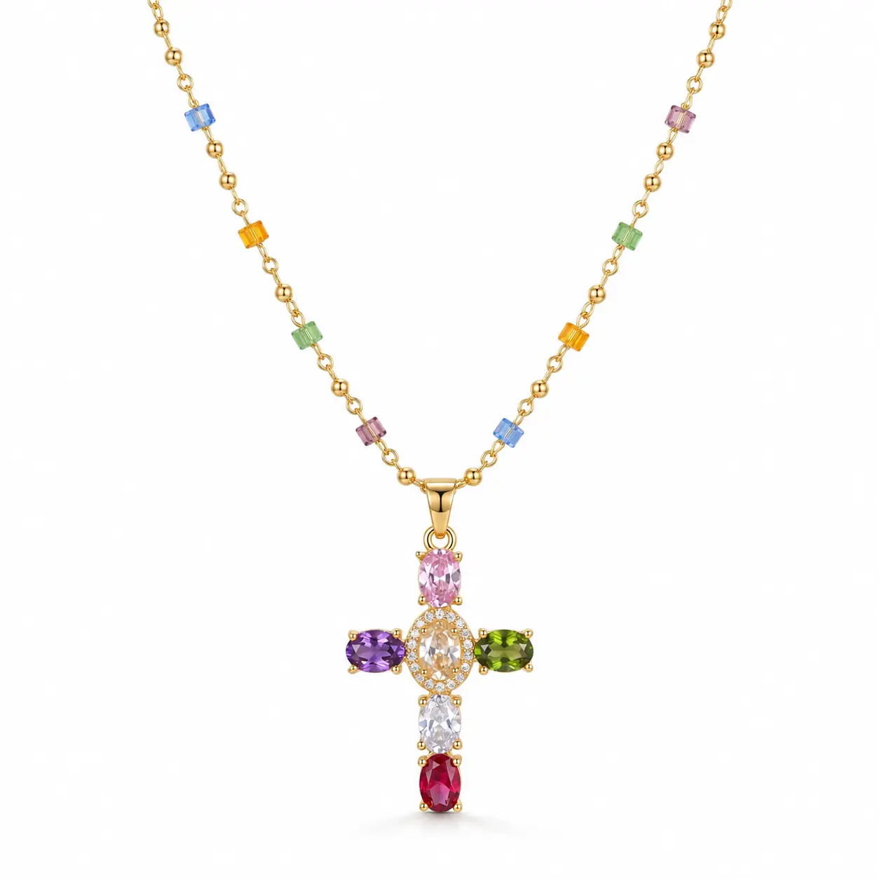Colorful Rhinestone Cross Choker Necklace for Women, Gold-Tone Beaded Collarbone Chain with Rainbow Pendant, Dainty Faith-Inspired Jewelry for Daily Wear and Gifts