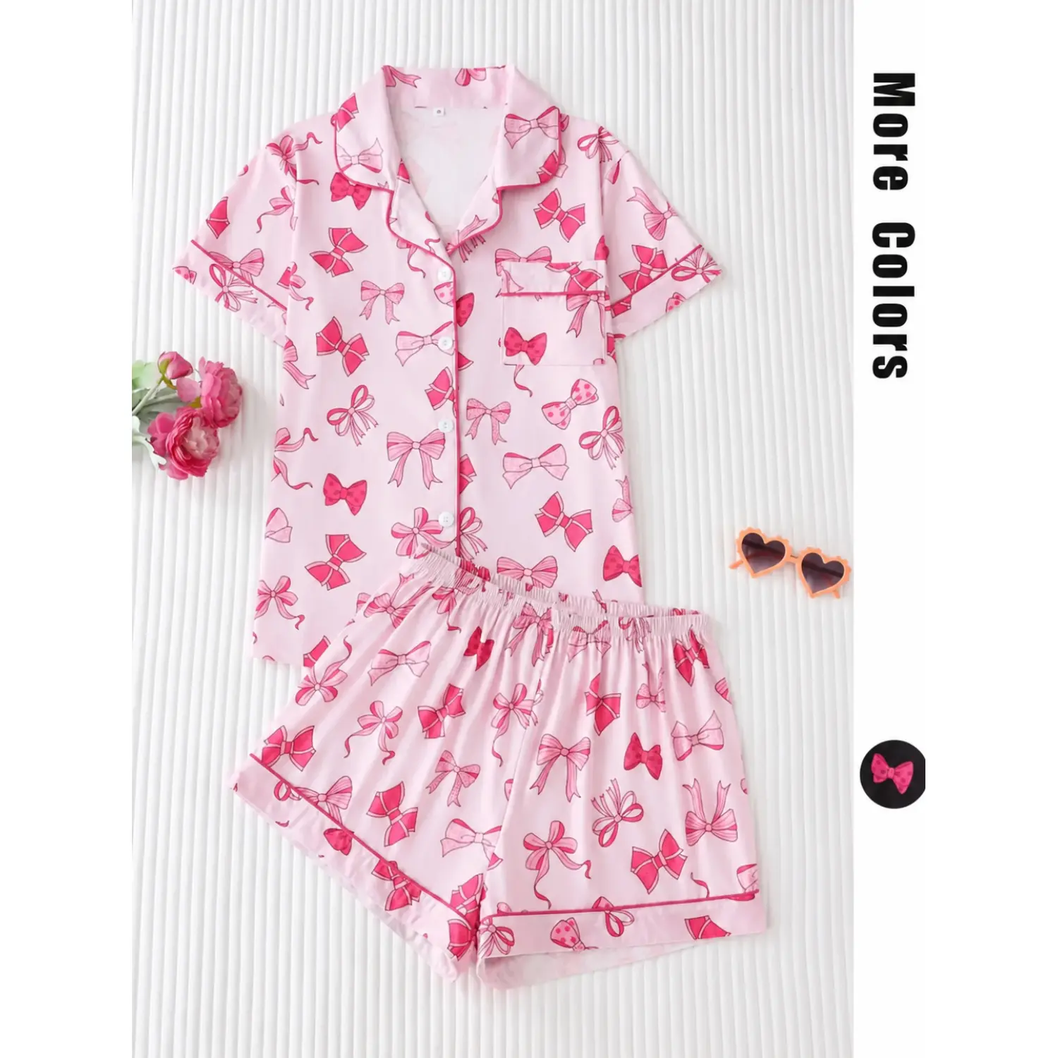 Women's Bow Print Lapel Neck Pocket Pajama Set – Short Sleeve Top & Elastic Waist Shorts, Casual Comfy Sleepwear & Loungewear for All Seasons