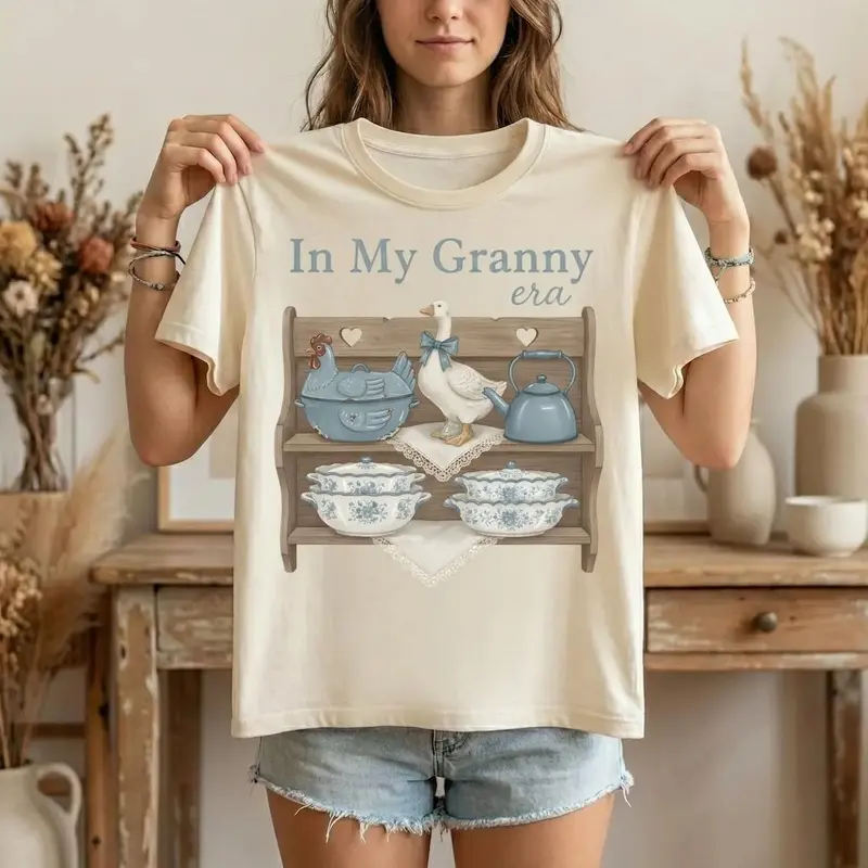 Vintage In My Granny Era T-Shirt, Women's Casual Short Sleeve Cotton Graphic Tee, Grandma Core Goose Kitchen Art Top, Shortsleeve, Tops, Fitted, Women's Clothes