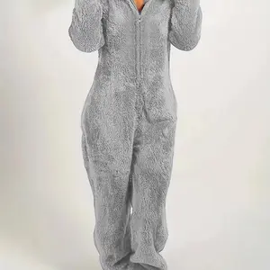 Women's Solid Zipper Hooded Plush Pajama Jumpsuit, Casual Long Sleeve Teddy Bear Ear Design Jumpsuit for Fall & Winter, Women's Sleepwear for Indoor Wear, Fluffy Lady Pajamas