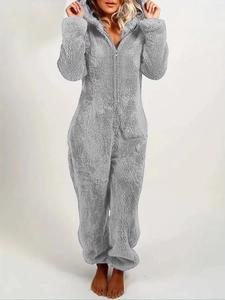 women's solid zipper hooded plush pajama jumpsuit, casual long sleeve teddy bear ear design jumpsuit for fall & winter, women's sleepwear for indoor wear, fluffy pajamas
