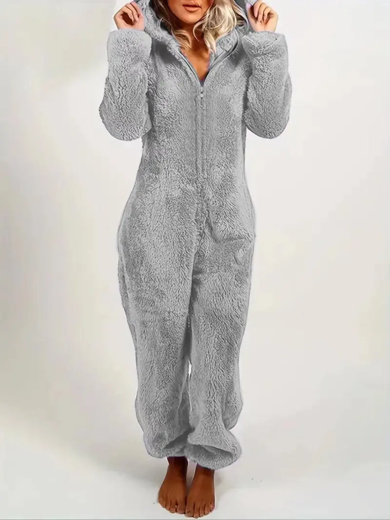 Women's Solid Zipper Hooded Plush Pajama Jumpsuit, Casual Long Sleeve Teddy Bear Ear Design Jumpsuit for Fall & Winter, Women's Sleepwear for Indoor Wear, Fluffy Lady Pajamas