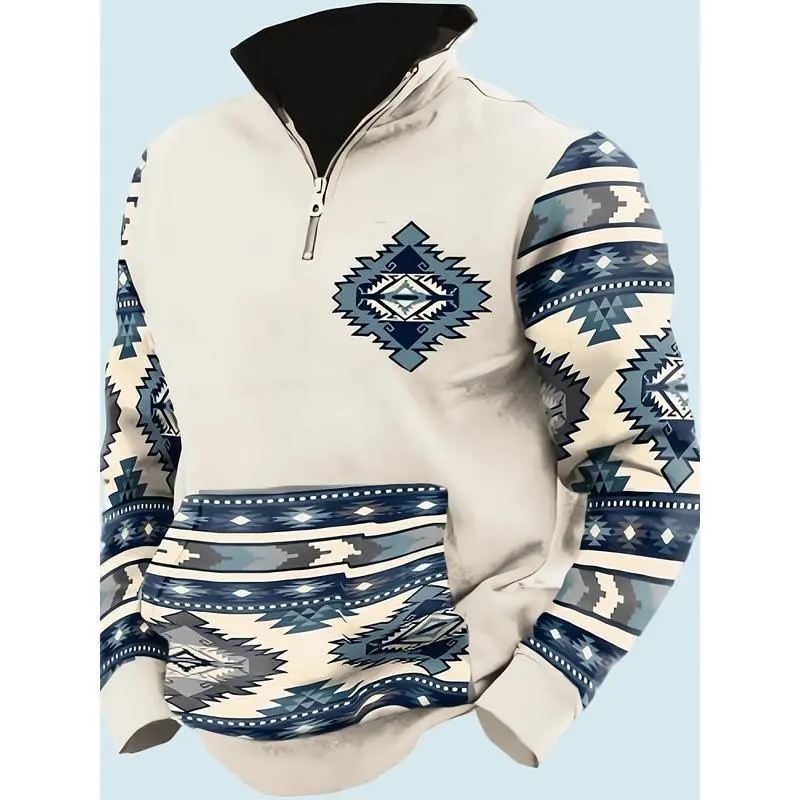 Men's Western Cowboy Bull Print Fleece Pullover, Vintage Country 1/4 Zip Knit Sweatshirt with Stand Collar and Pocket, Stretch, Fabric, Menswear, Coats