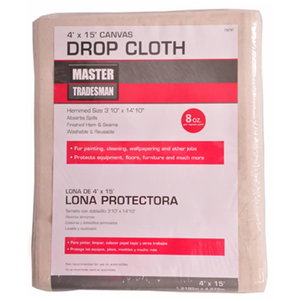 212 MAIN Master Tradesman 58908 Large 4 ft. x 15 ft. Double-Stitched Protective Canvas Dropcloth, Reusable Clean Washable Cloth for Automotive & Motorcycle Painting, Car Maintenance