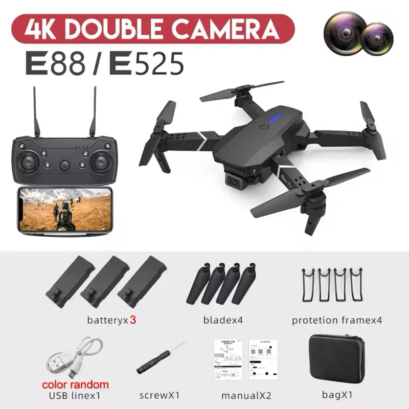 E88Pro GPS RC Drone, 4K HD Video 1080P Wide Angle Camera, Foldable Quadcopter, Folding Compact Helicopter, 3 Batteries, WIFI FPV, Height Hold, 2024 Model Gift Toy