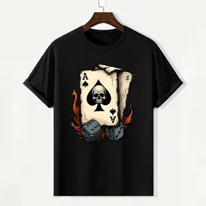 Men's Cotton T-shirt - Short Sleeve Crewneck Tee, Cool Skull Ace of Spades & Dice Graphic Print, 100% Cotton Loose Fit, Black/White Options, Comfortable & Machine Washable, Versatile Streetwear & Holiday Gift