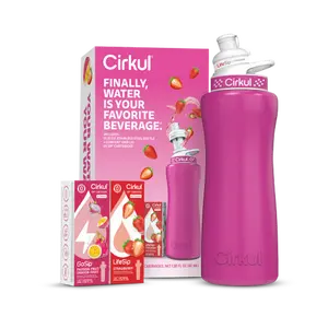 Cirkul 32oz. Hot Pink Stainless Steel Water Bottle Starter Kit with Blue Lid, 2 Flavor Cartridges (1 LifeSip Strawberry and 1 GoSip Passion Fruit Dragon Fruit), Zero Calories and No Sugar