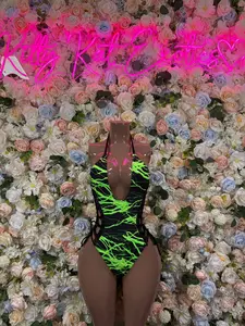 Bottlegirl One-Piece Bodysuit Green and Yellow  Lightening - Custom Design | Exotic Dancewear for Performers, Raves, & Nights Out