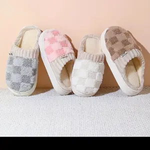 Fuzzy Women's Plaid Cuff Warm Fleece Plush Slippers with Memory Foam Insoles - Girl, Walking Shoes