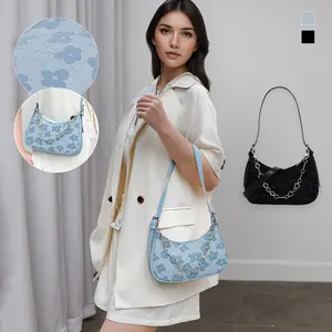 Stylish Canvas Shoulder Bag for Women Floral Jacquard Underarm Bag Chain Detail Crescent Handbag with Zipper Closure for Daily Use and Shopping