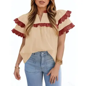 Imily Bela Womens Ruffle Sleeve Babydoll Tops Color Block Summer V Neck Pleated Blouse Dressy Casual Loose Fit Shirts