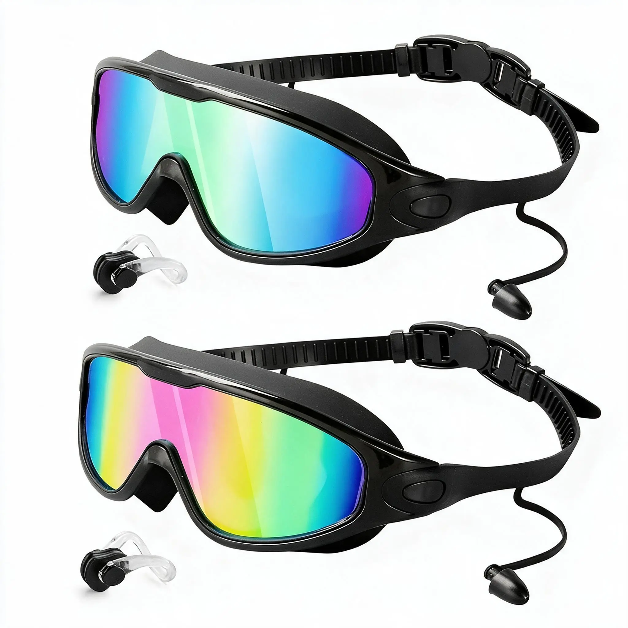 2-Pack Adult Silicone Swim Goggles Set, Adjustable Wide-View Anti-Fog UV Protective Goggles for Men & Women (Pool Use)
