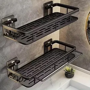 2pcs Heavy-Duty Adhesive, Bolt-On Wall-Mounted Corner Shelf with 2 Hooks, No-Drill Space-Saving Curved Shelves Suitable for Bathroom, Shower, Kitchen Storage, Heavy-Duty Plastic Shelving System (2-Tier)