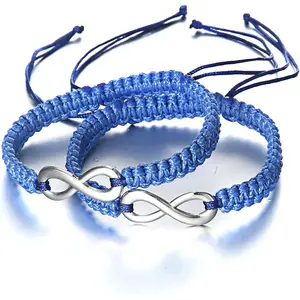 2 count/Set Stainless Steel 8 Infinity Couple Bracelet Braided Leather Rope Bangle Wrist Adjustable Chain Fit 7-9 Inch for Lover Friendship