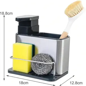 Dispensador de Jabón de Cocina 3 en 1, Resistente a la Corrosión y al Óxido, Fácil de Limpiar, Organizador Multifuncional para Fregadero de Cocina con Soporte para Esponja y Soporte para Cepillo de Polvo, Organizador de Accesorios de Cocina de Acero Inoxi