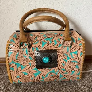 Medium 11” Brown Tooled Speedy with Teal Accents - Handcrafted Leather Bag with Floral Design and Turquoise Centerpiece